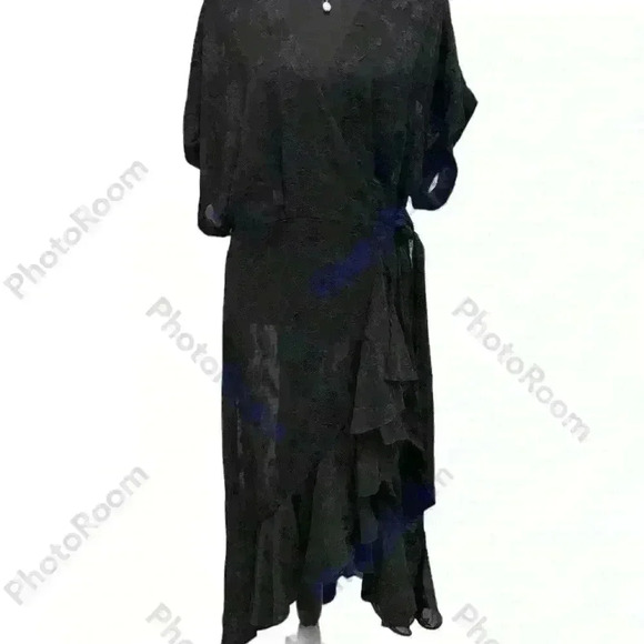 FLORAL BURNOUT SHORT SLEEVE HIGH/LOW WRAP DRESS IN BLACK - Picture 1 of 12